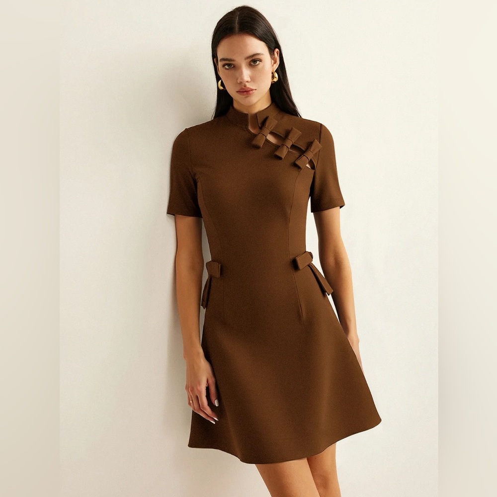 Commense Brown Mini Dress with Short Sleeves and Bow Accents